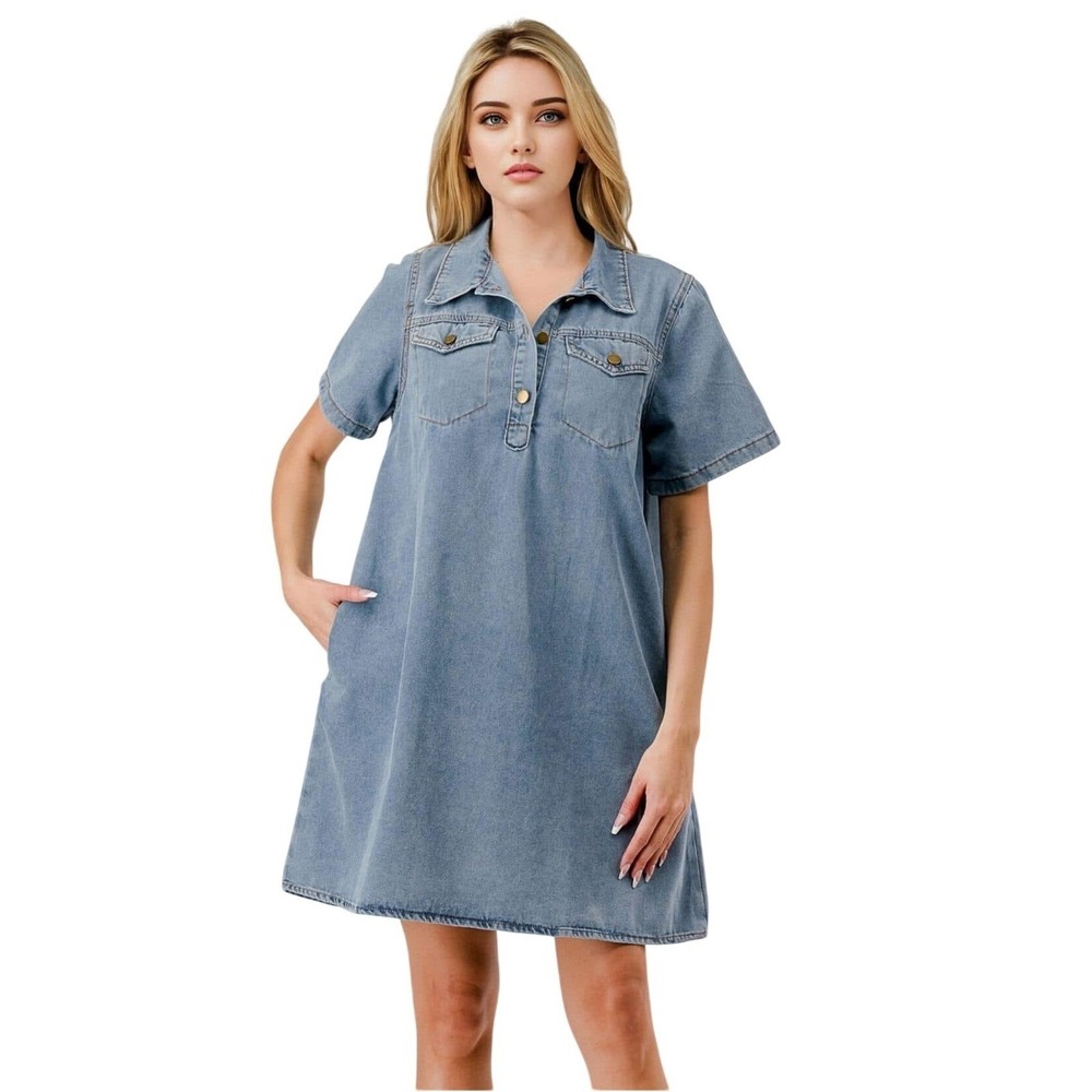 Pixi + Ivy Light Wash Denim Shift Dress Large Short Sleeve Pockets MBD9738